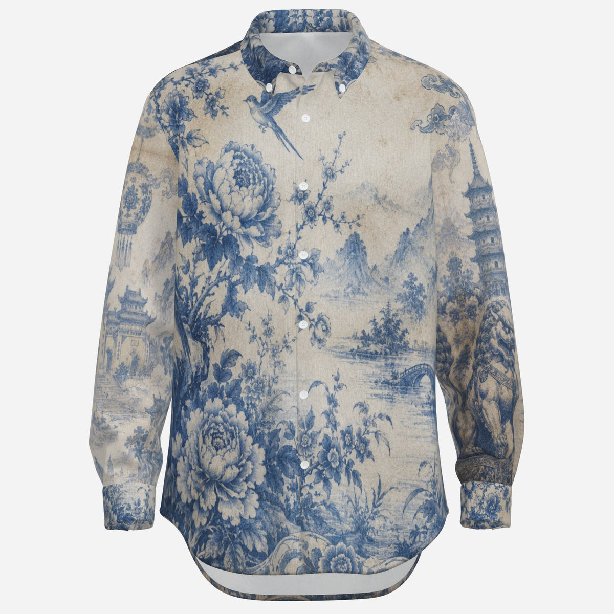 Men's Blue White Porcelain Oxford Shirt | Long Sleeve Button Down | Luxury Designer Dress Shirt