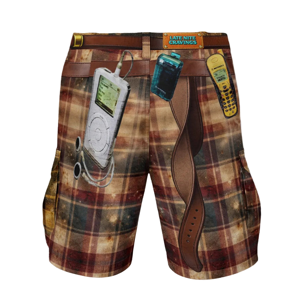 Plaid shorts with retro technology-themed design on a neutral background