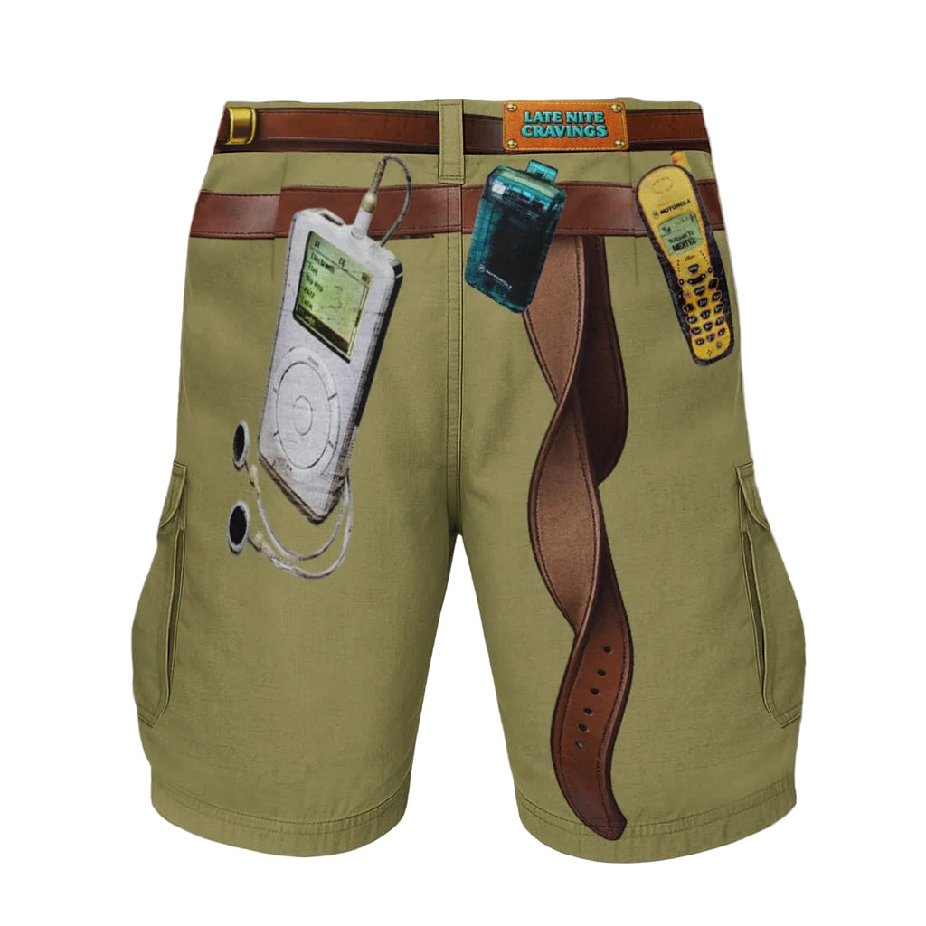 #L8NC - Tech Y2k Mens Cargo Shorts Tan | Retro Graphic Tan Shorts