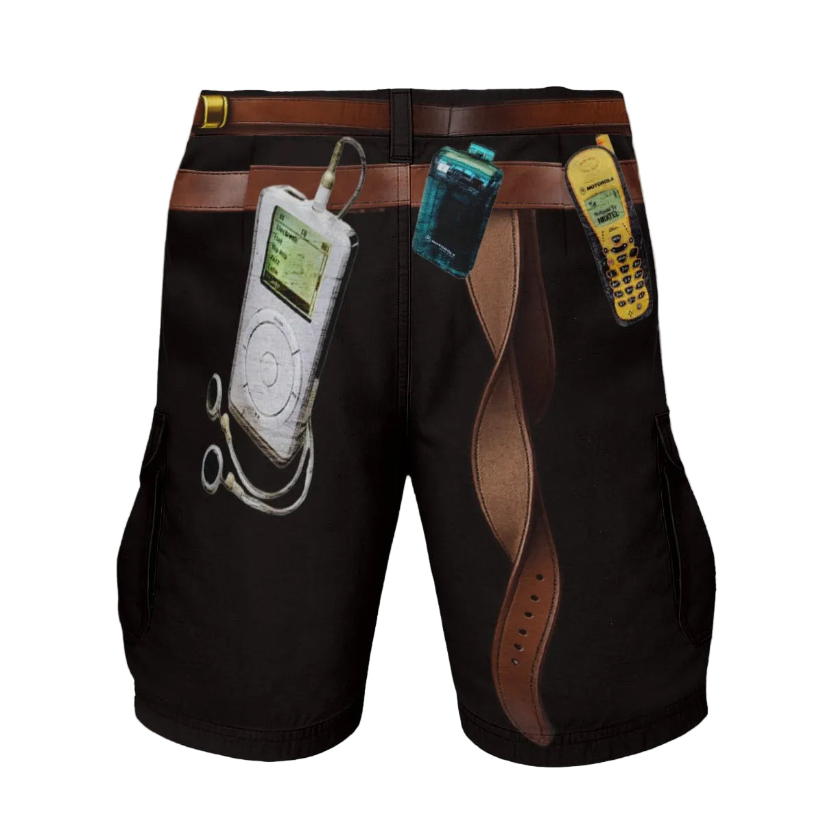 Black shorts with a brown belt and various retro electronic devices attached on a textured background