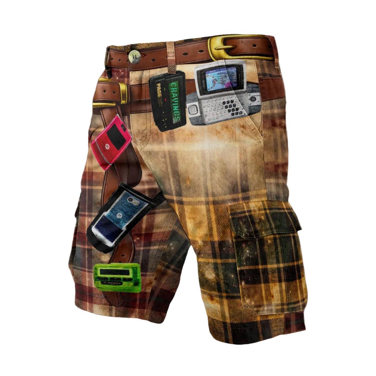 Plaid shorts with vintage electronic device graphics on a textured background