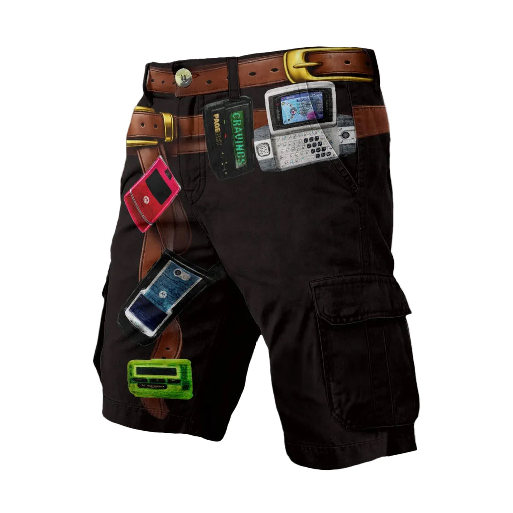 Black shorts with retro-themed patches on a textured background