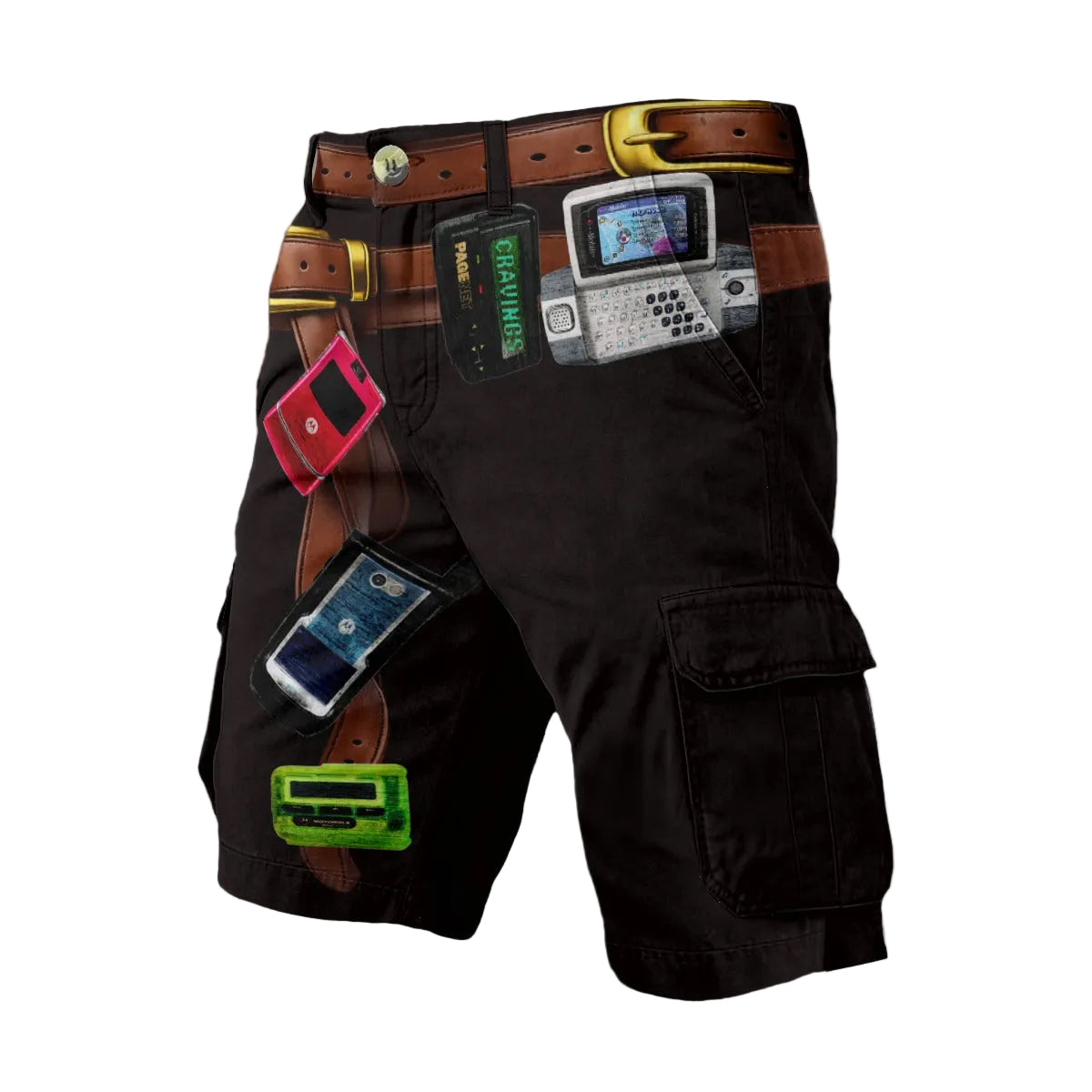 Black shorts with retro-themed patches on a textured background