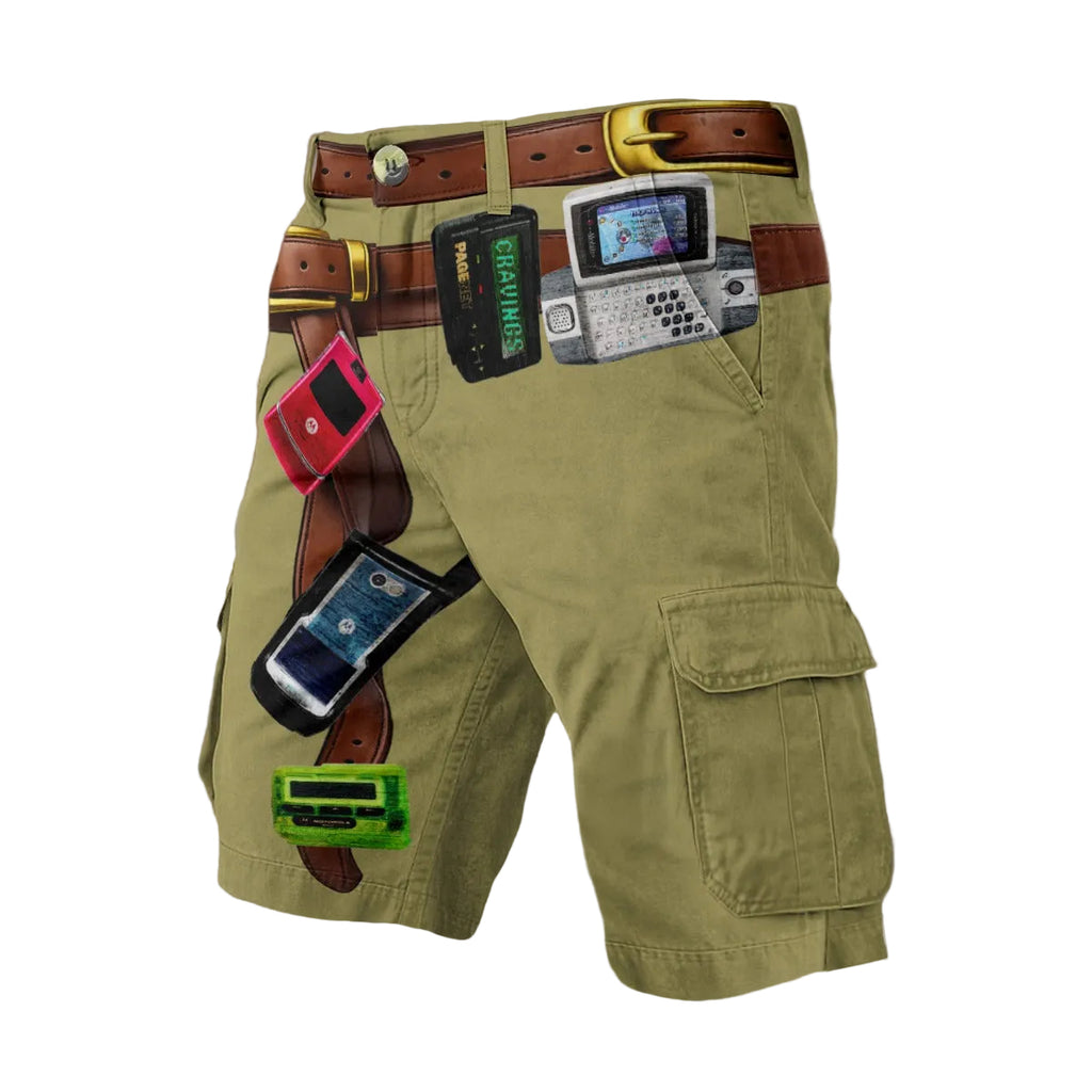 #L8NC - Tech Y2k Mens Cargo Shorts Tan | Retro Graphic Tan Shorts