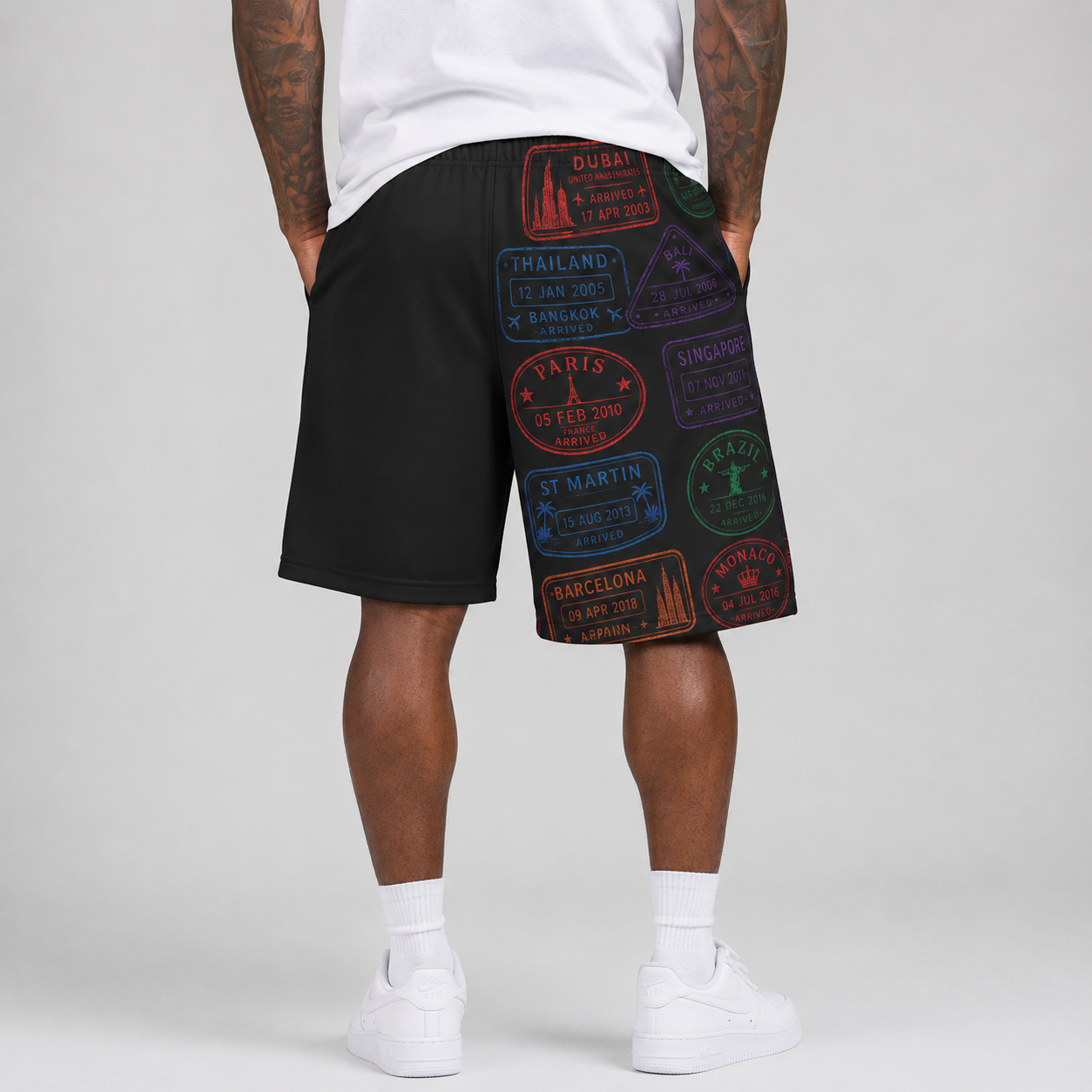 #L8NC - Men's Passport Stamp Casual Shorts | Travel Print Drawstring Shorts | Digital Print Streetwear Shorts