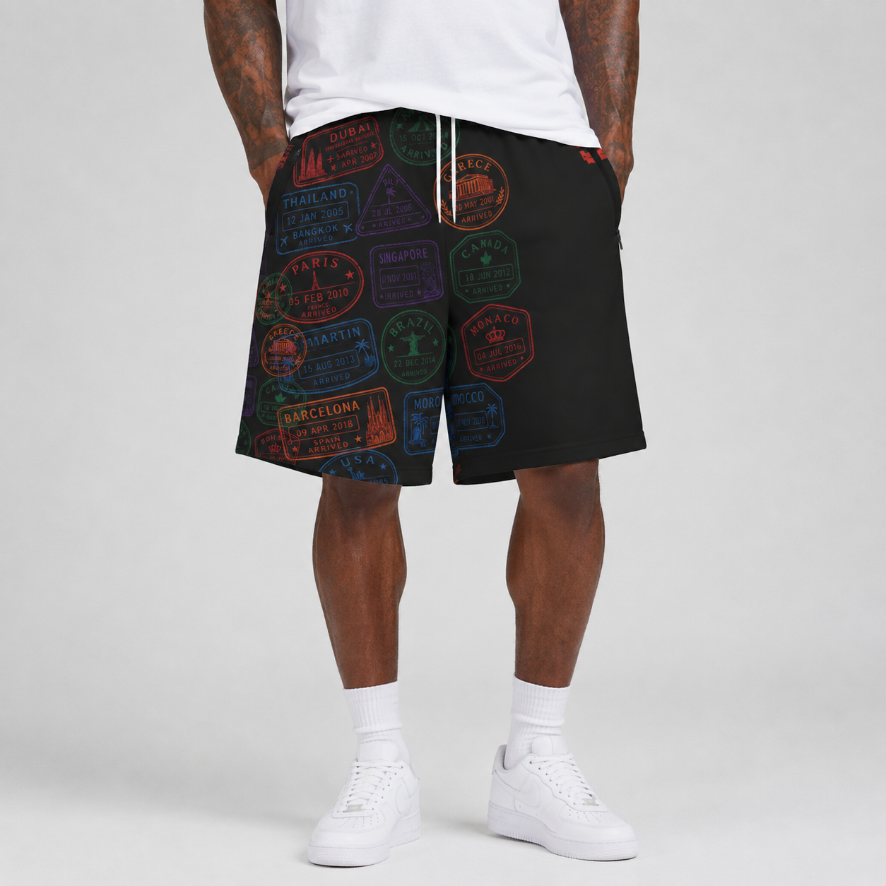 #L8NC - Men's Passport Stamp Casual Shorts | Travel Print Drawstring Shorts | Digital Print Streetwear Shorts