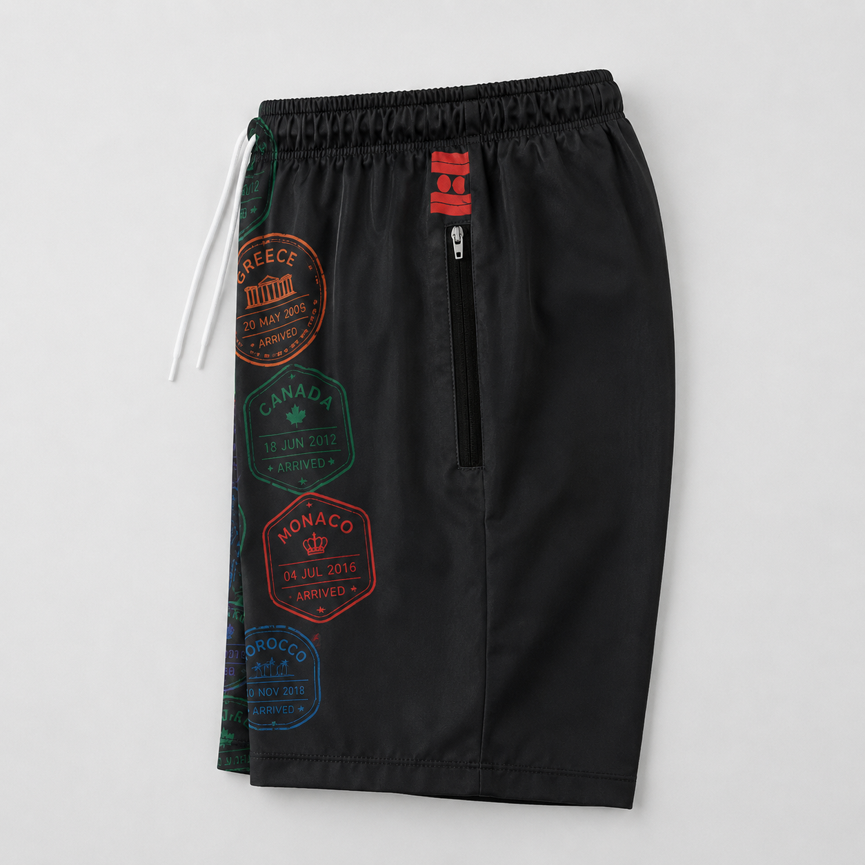 #L8NC - Men's Passport Stamp Casual Shorts | Travel Print Drawstring Shorts | Digital Print Streetwear Shorts