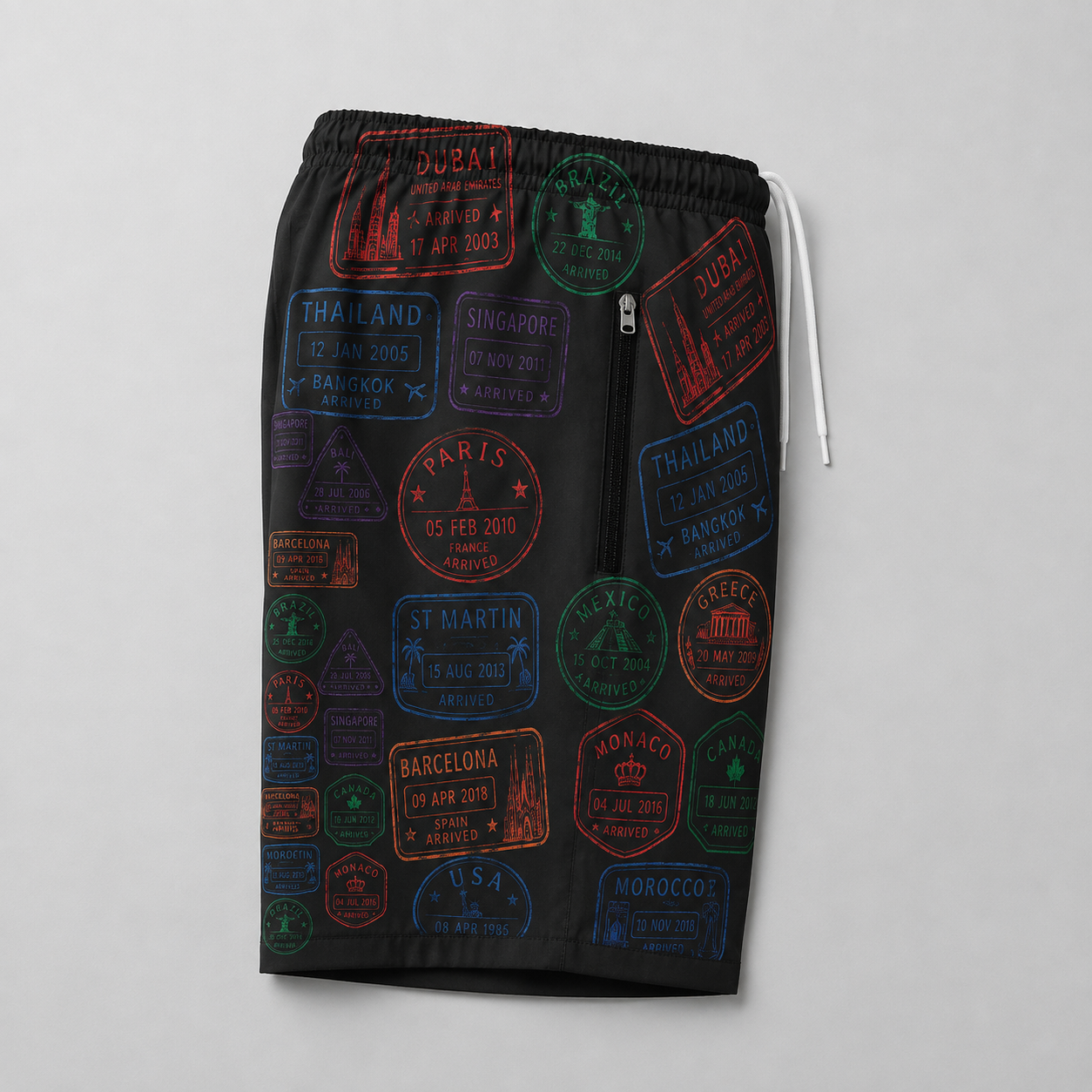 #L8NC - Men's Passport Stamp Casual Shorts | Travel Print Drawstring Shorts | Digital Print Streetwear Shorts
