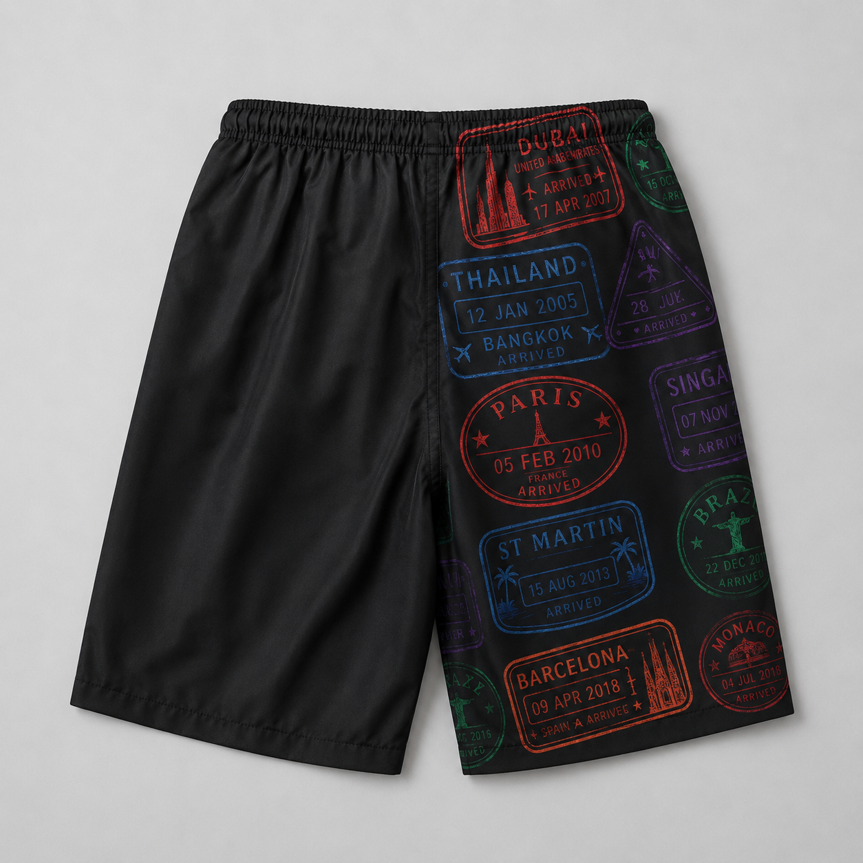 #L8NC - Men's Passport Stamp Casual Shorts | Travel Print Drawstring Shorts | Digital Print Streetwear Shorts