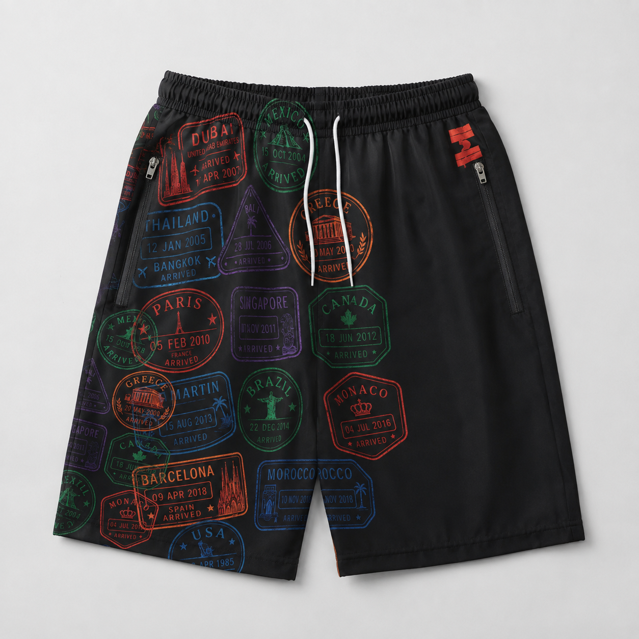 #L8NC - Men's Passport Stamp Casual Shorts | Travel Print Drawstring Shorts | Digital Print Streetwear Shorts