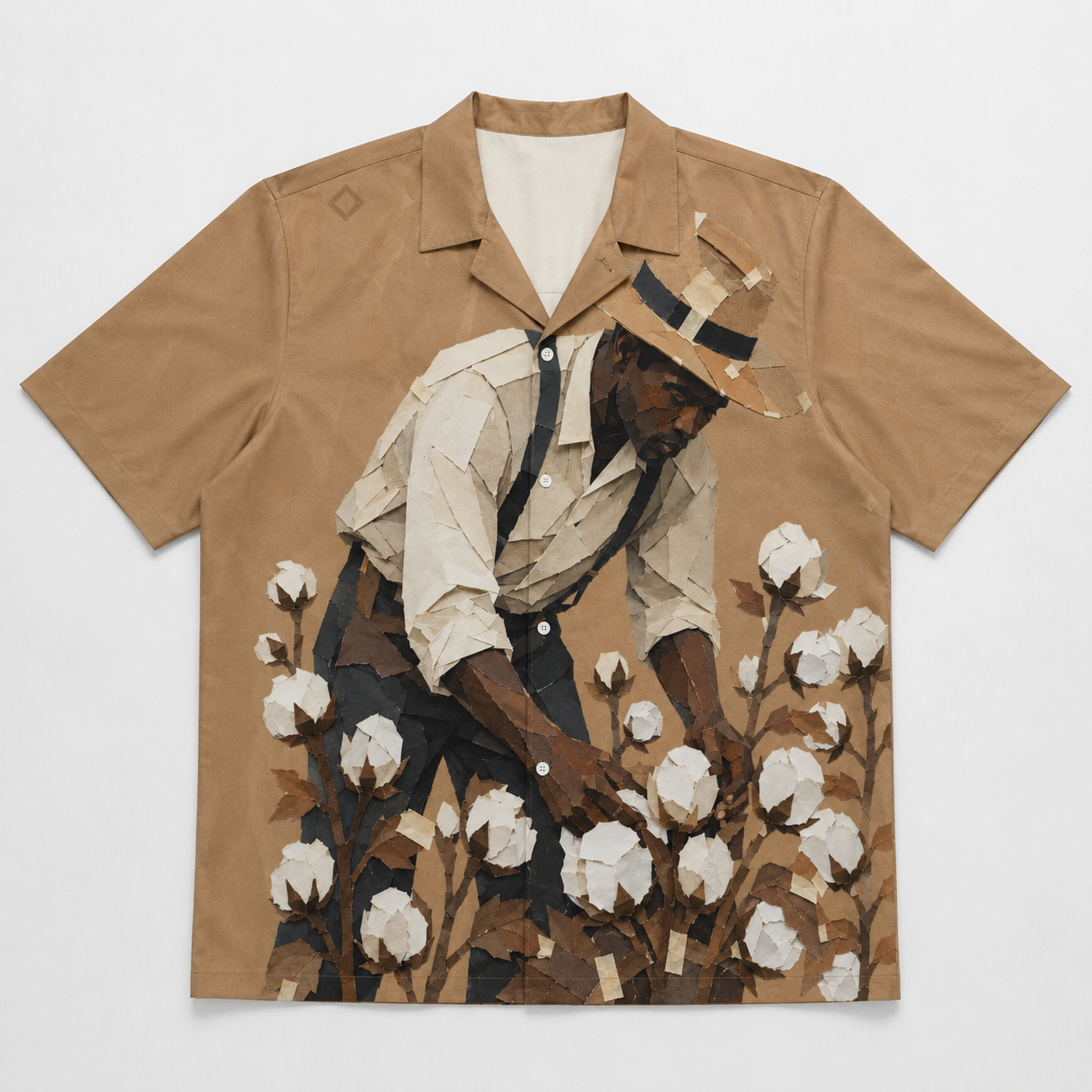 #L8NC - Men's African Cotton Field Graphic Shirt | Brown Paper Bag Art Camp Collar Button-Up | Hawaiian Shirt