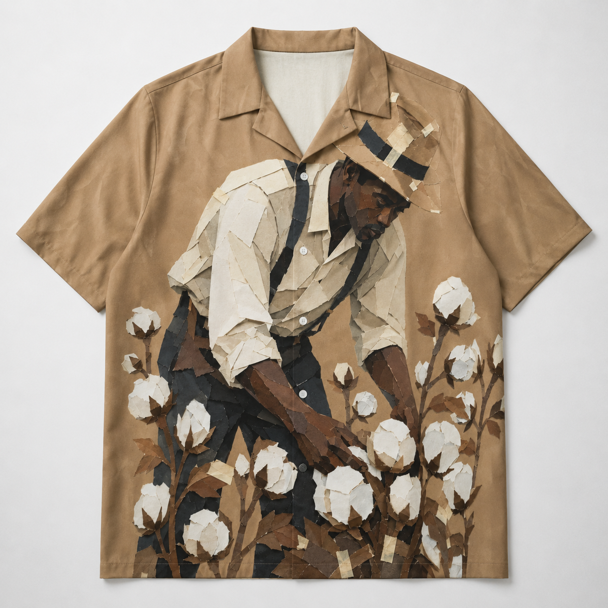 #L8NC - Men's African Cotton Field Graphic Shirt | Brown Paper Bag Art Camp Collar Button-Up | Hawaiian Shirt