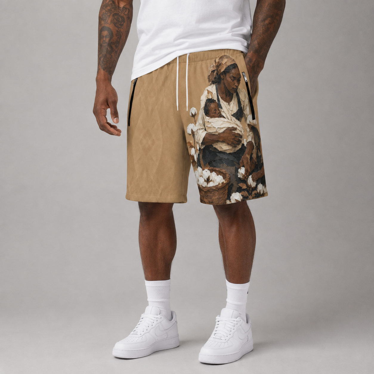 #L8NC - Men's African Heritage Graphic Casual Shorts | Cotton Field Art Streetwear Shorts | Drawstring Shorts with Zipper Pockets