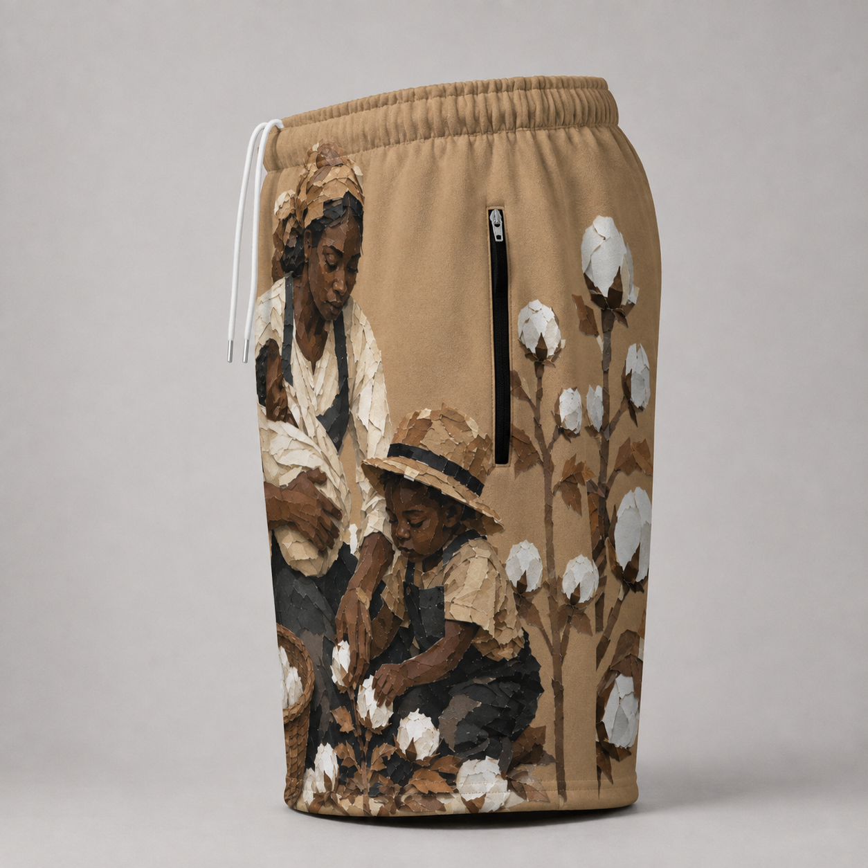 #L8NC - Men's African Heritage Graphic Casual Shorts | Cotton Field Art Streetwear Shorts | Drawstring Shorts with Zipper Pockets