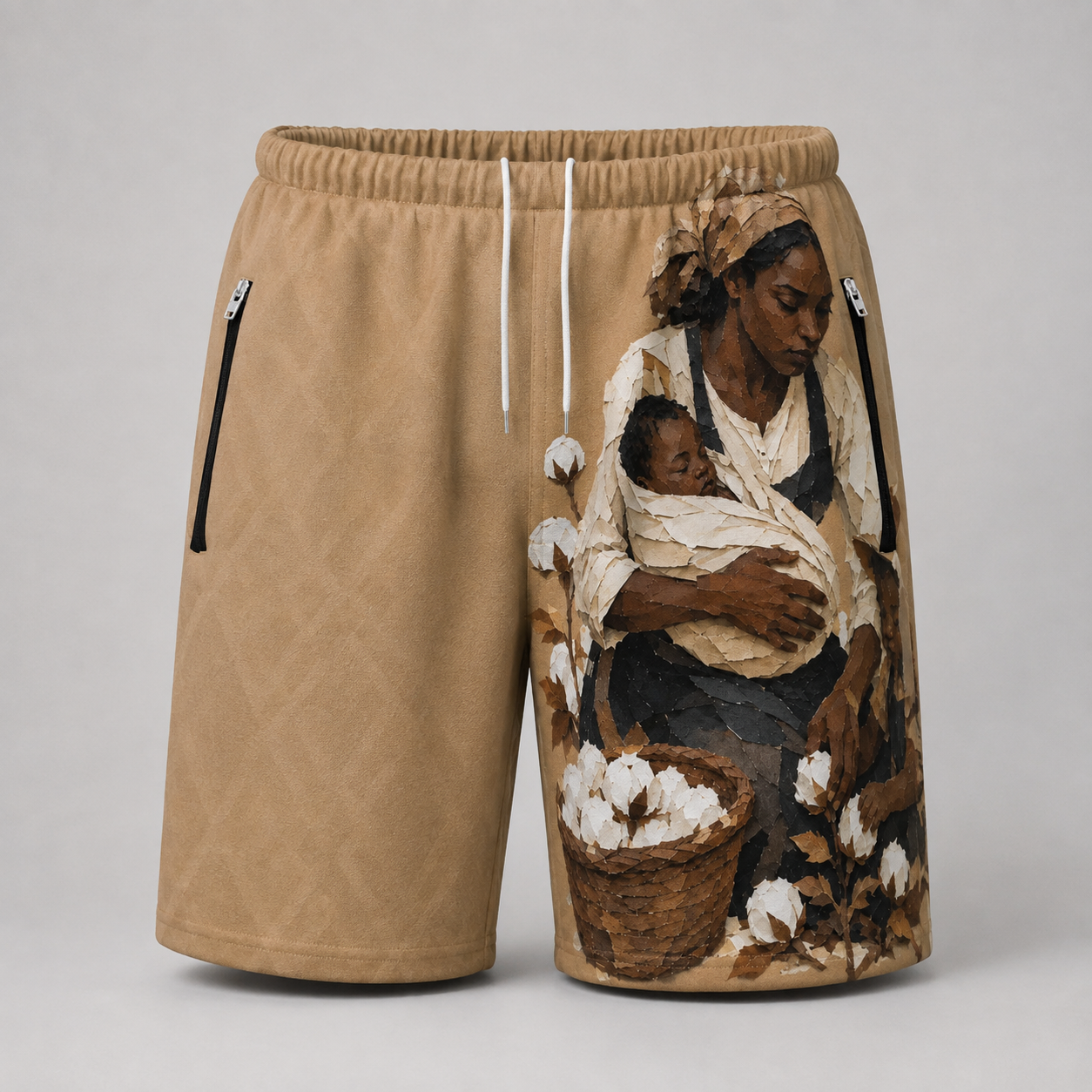 #L8NC - Men's African Heritage Graphic Casual Shorts | Cotton Field Art Streetwear Shorts | Drawstring Shorts with Zipper Pockets