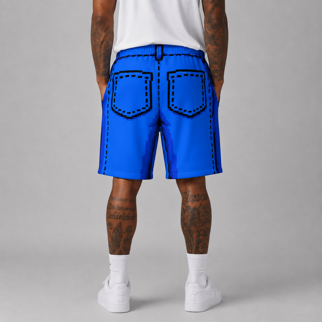 #L8NC - Men's Pixel Denim Casual Shorts | Retro 8-Bit Graphic Streetwear Shorts | Drawstring Shorts with Zipper Pockets