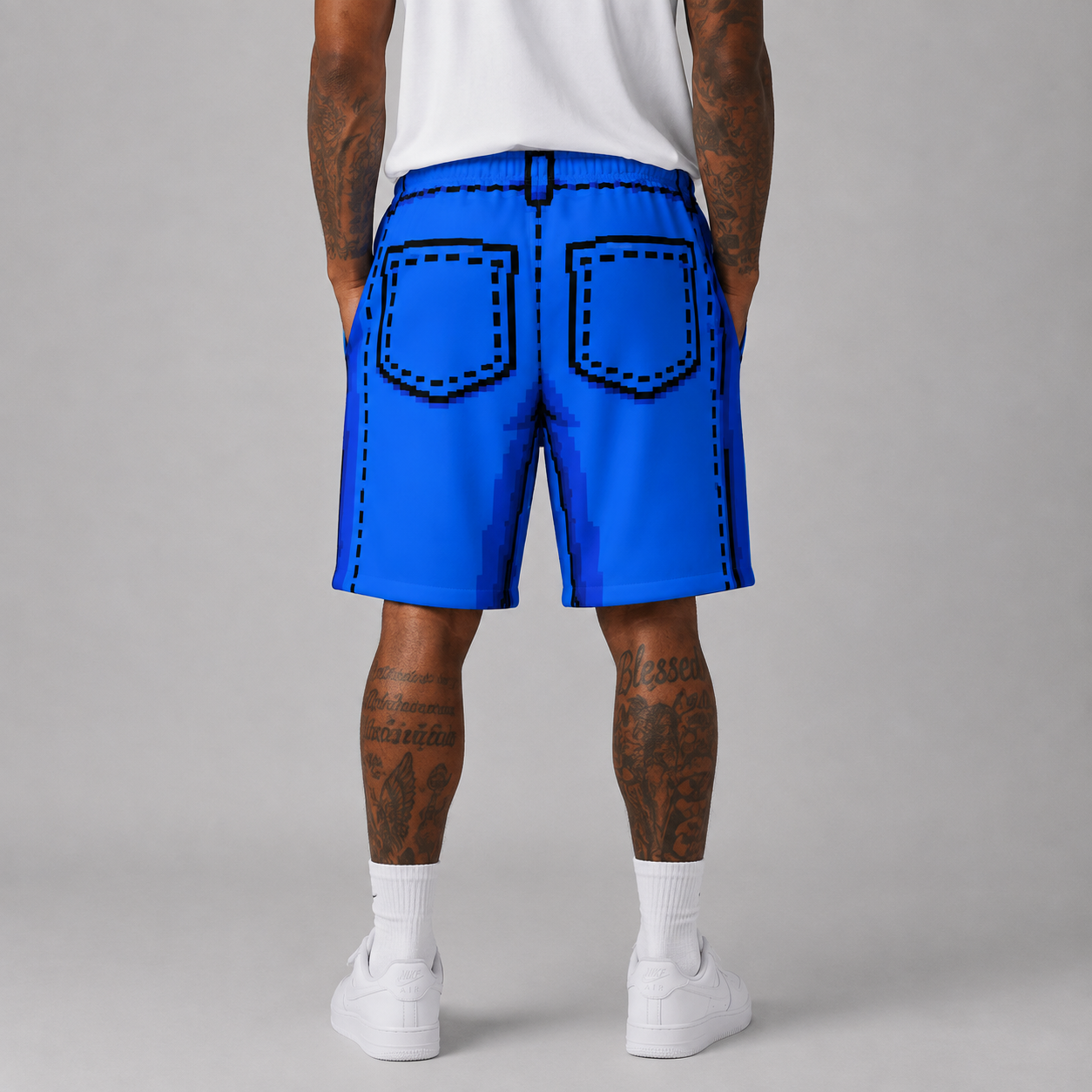 #L8NC - Men's Pixel Denim Casual Shorts | Retro 8-Bit Graphic Streetwear Shorts | Drawstring Shorts with Zipper Pockets