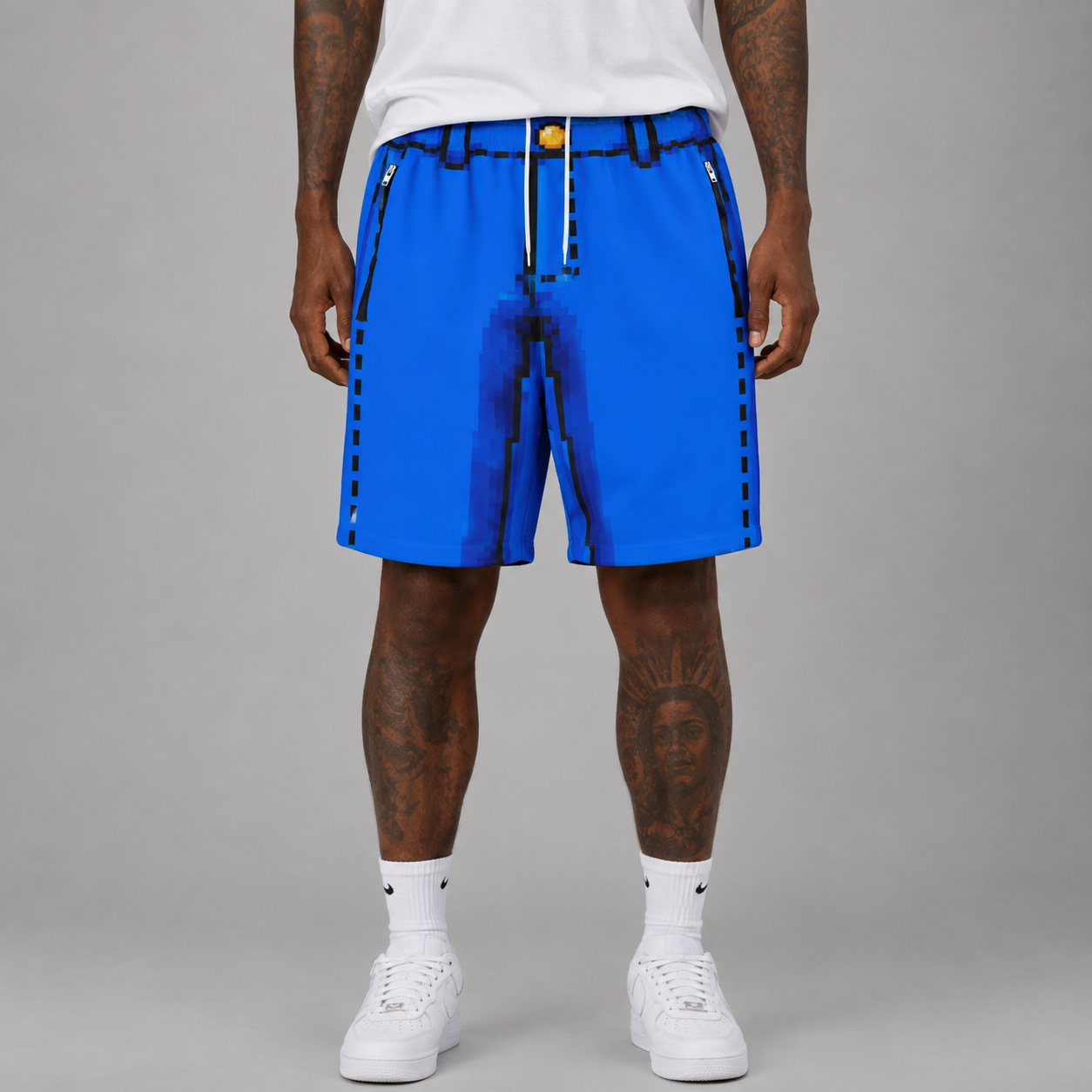 #L8NC - Men's Pixel Denim Casual Shorts | Retro 8-Bit Graphic Streetwear Shorts | Drawstring Shorts with Zipper Pockets