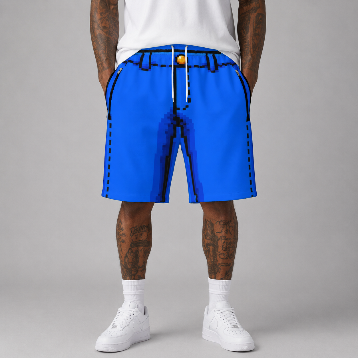 #L8NC - Men's Pixel Denim Casual Shorts | Retro 8-Bit Graphic Streetwear Shorts | Drawstring Shorts with Zipper Pockets