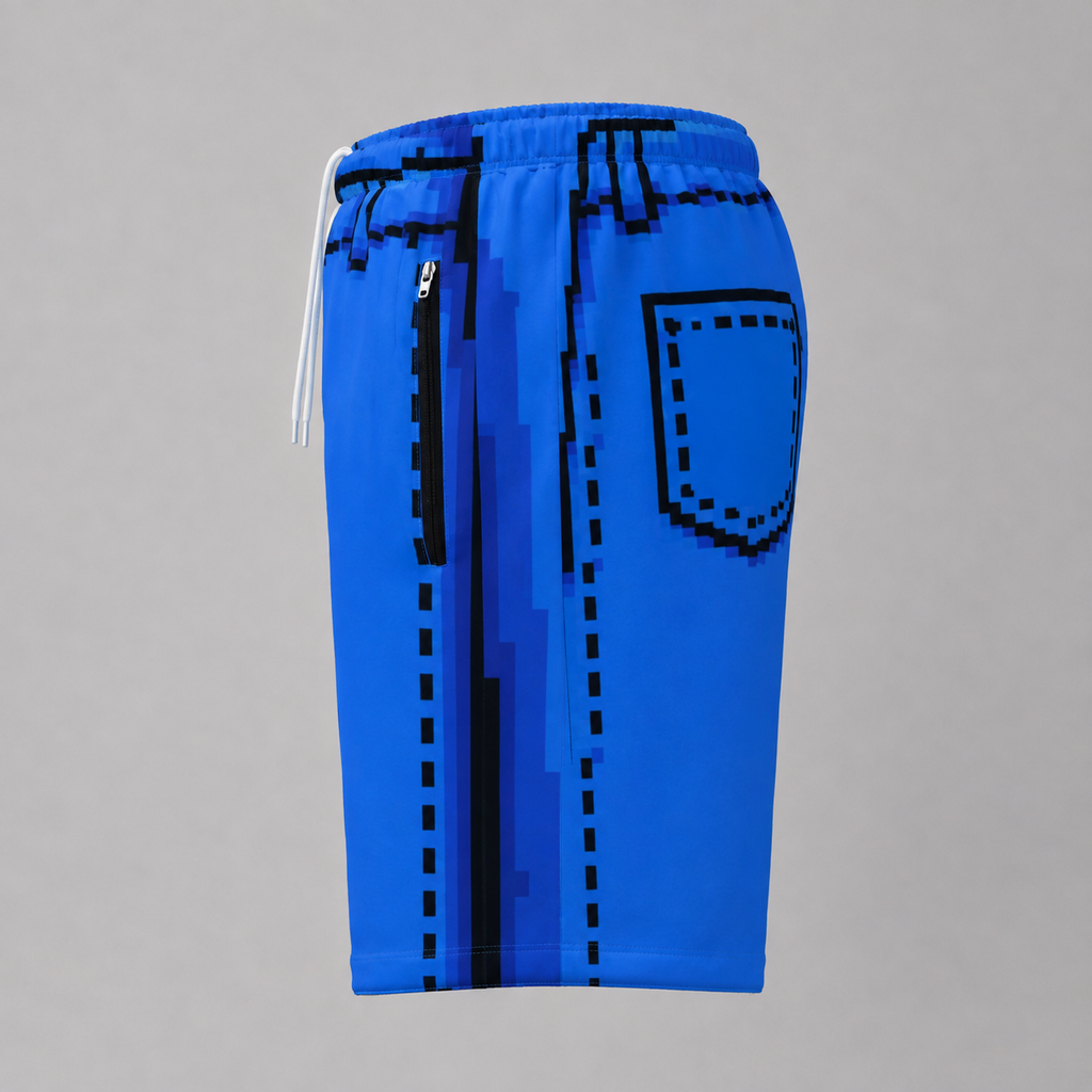 #L8NC - Men's Pixel Denim Casual Shorts | Retro 8-Bit Graphic Streetwear Shorts | Drawstring Shorts with Zipper Pockets