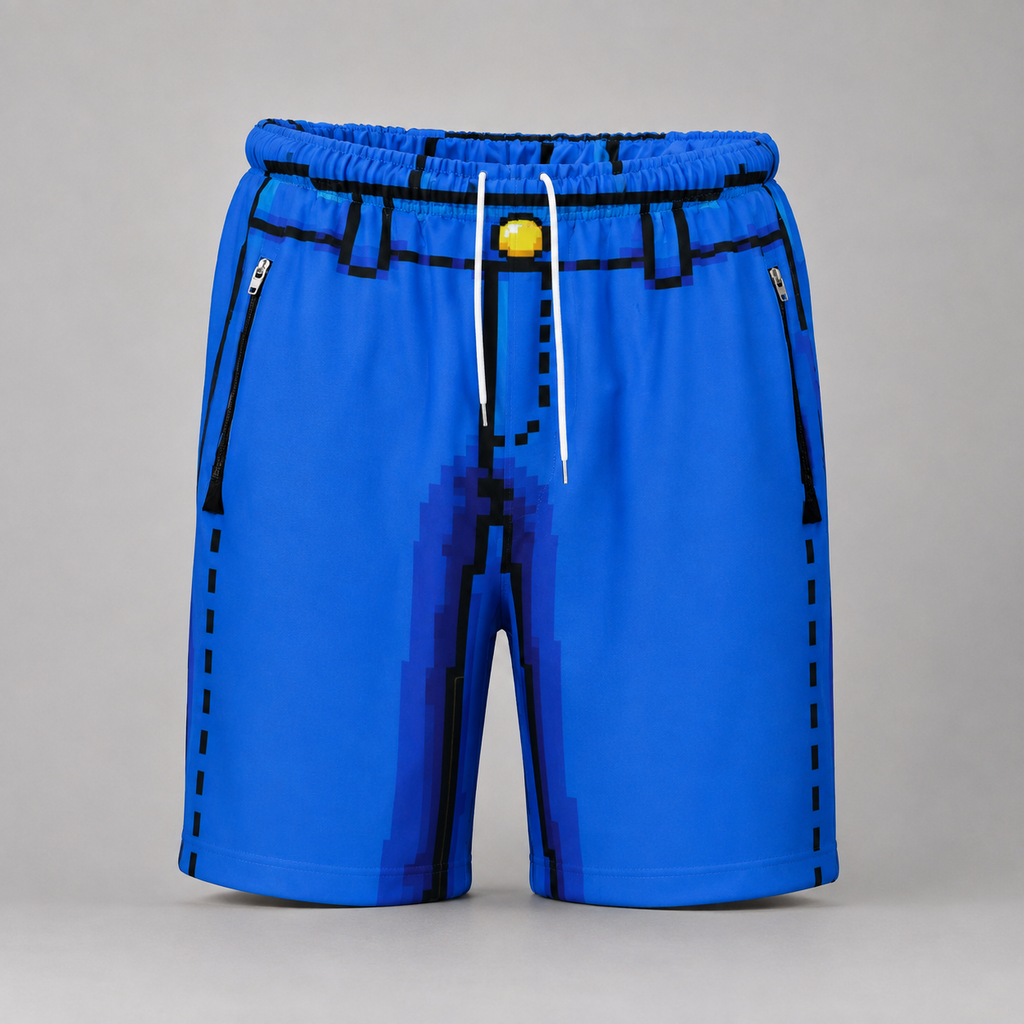 #L8NC - Men's Pixel Denim Casual Shorts | Retro 8-Bit Graphic Streetwear Shorts | Drawstring Shorts with Zipper Pockets