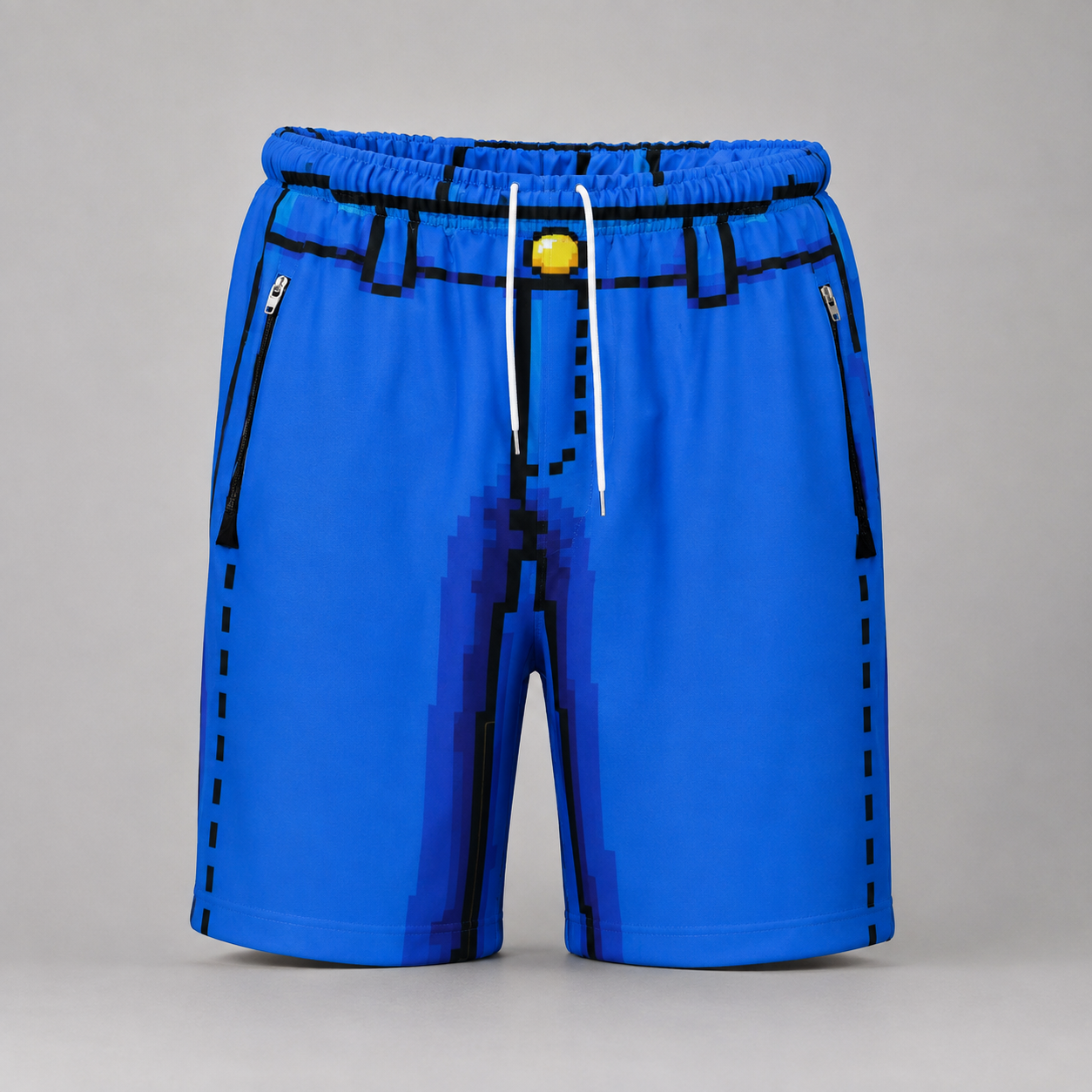 #L8NC - Men's Pixel Denim Casual Shorts | Retro 8-Bit Graphic Streetwear Shorts | Drawstring Shorts with Zipper Pockets