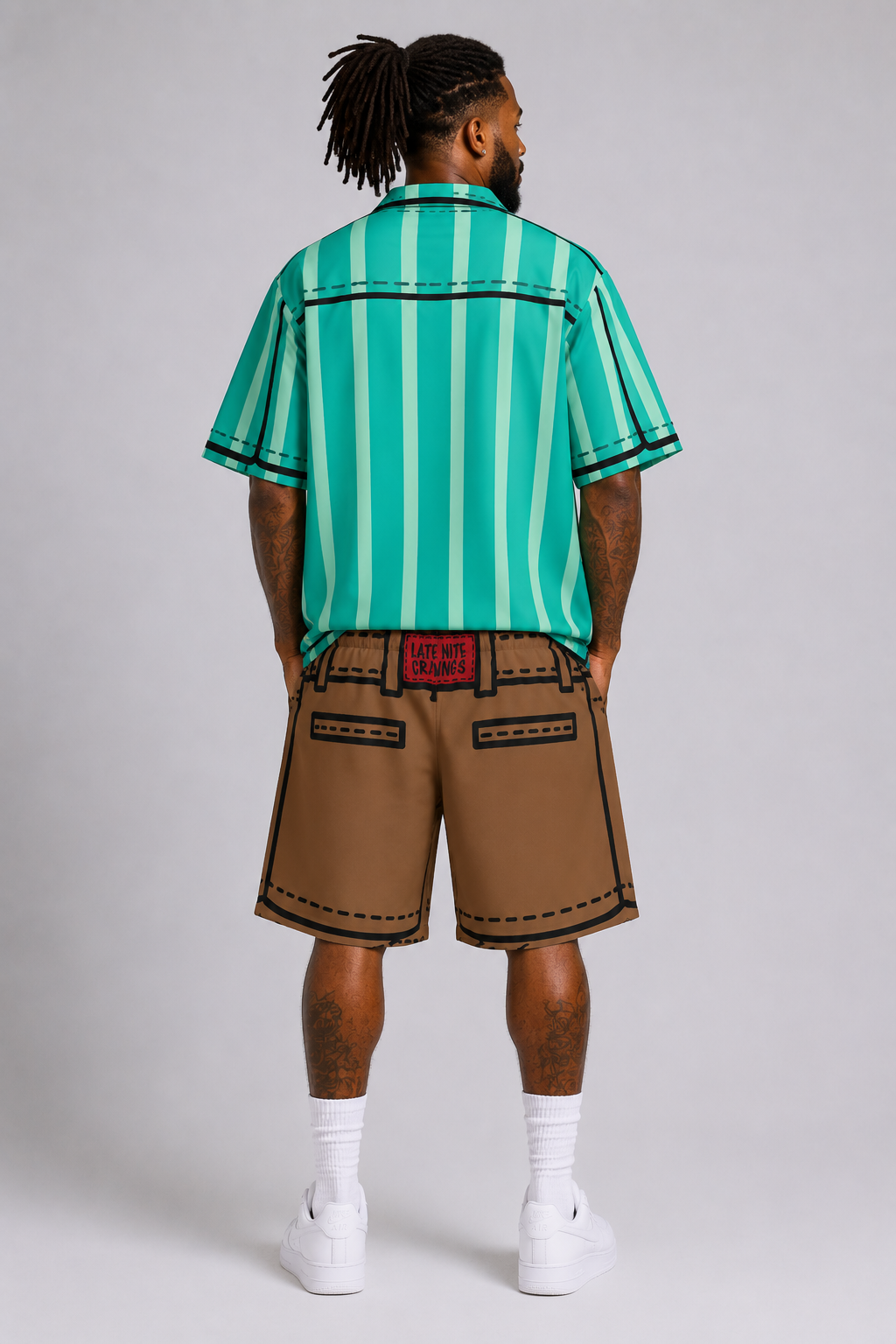 #L8NC - Men's Cartoon Stripe Button-Up Shirt | Graphic Printed Tie Shirt | Digital Print Short Sleeve Shirt