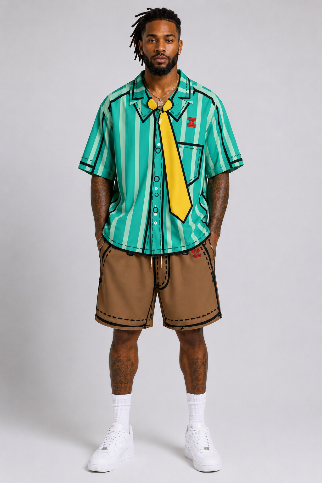 #L8NC - Men's Cartoon Stripe Button-Up Shirt | Graphic Printed Tie Shirt | Digital Print Short Sleeve Shirt