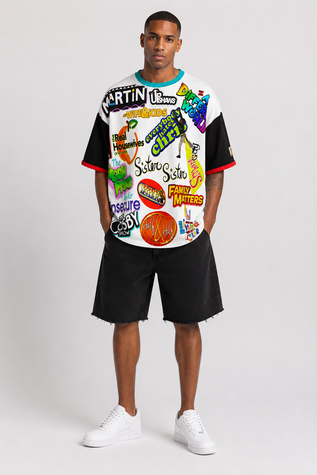 #L8NC - Men's Oversized Retro Black Television Culture Graphic T-Shirt | Color Block Drop Shoulder Streetwear Tee
