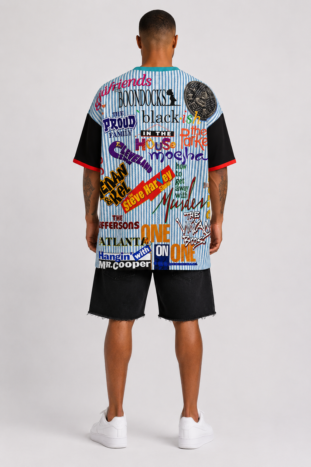 #L8NC - Men's Oversized Retro Black Television Culture Graphic T-Shirt | Color Block Drop Shoulder Streetwear Tee