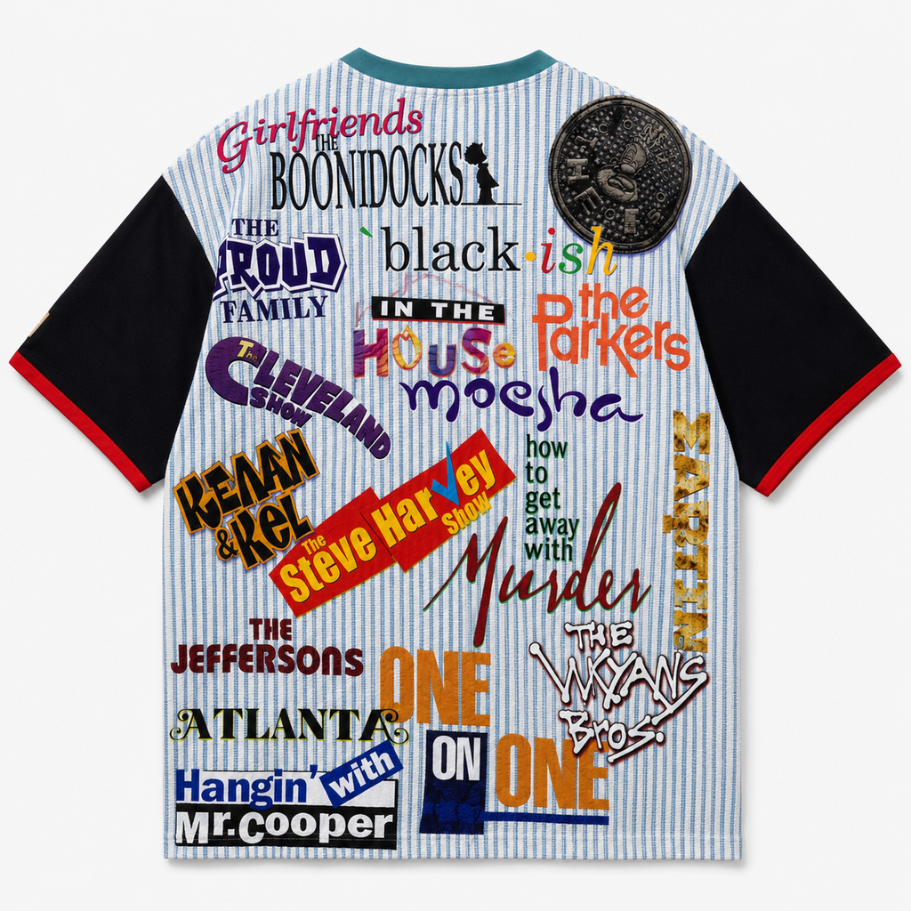 #L8NC - Men's Oversized Retro Black Television Culture Graphic T-Shirt | Color Block Drop Shoulder Streetwear Tee