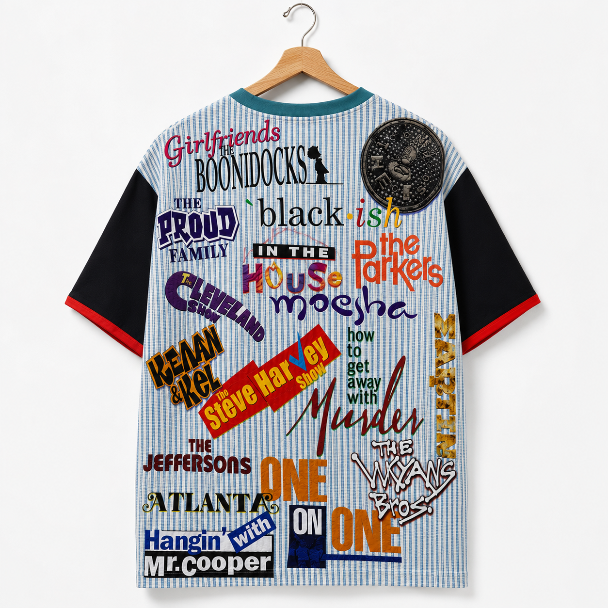 #L8NC - Men's Oversized Retro Black Television Culture Graphic T-Shirt | Color Block Drop Shoulder Streetwear Tee