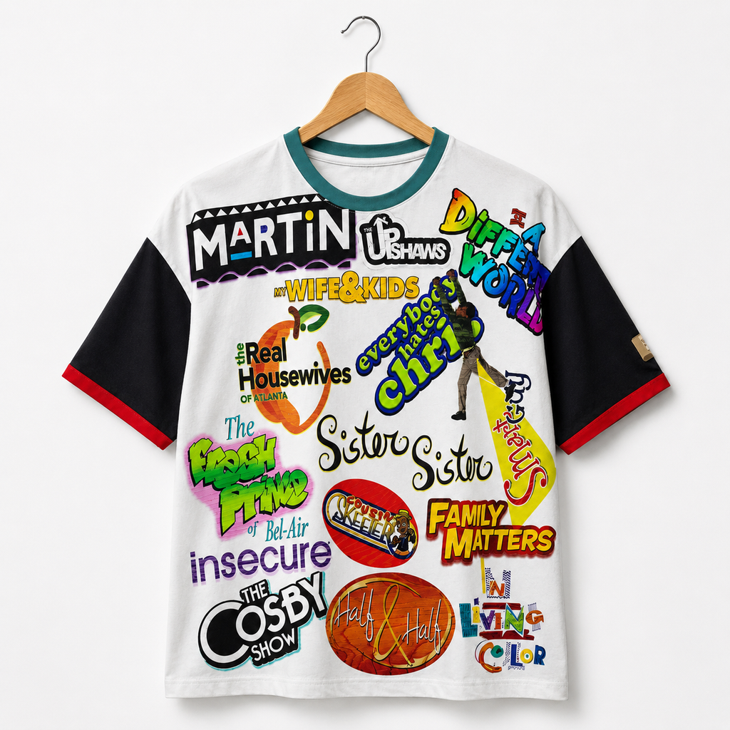 #L8NC - Men's Oversized Retro Black Television Culture Graphic T-Shirt | Color Block Drop Shoulder Streetwear Tee