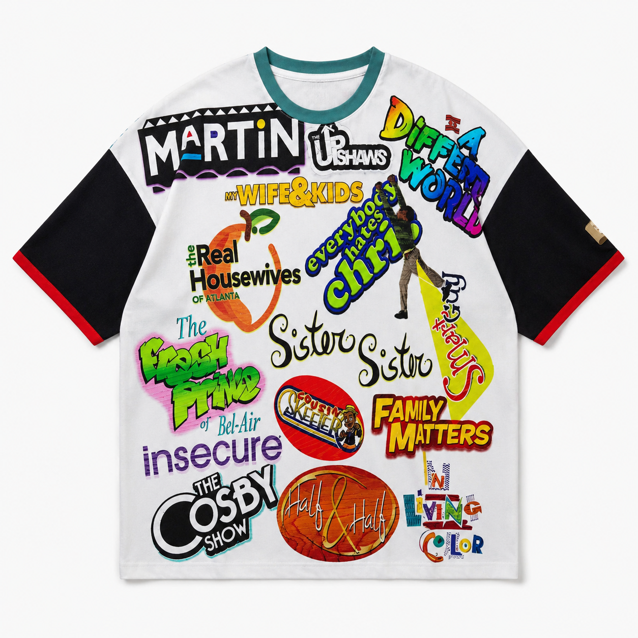 #L8NC - Men's Oversized Retro Black Television Culture Graphic T-Shirt | Color Block Drop Shoulder Streetwear Tee