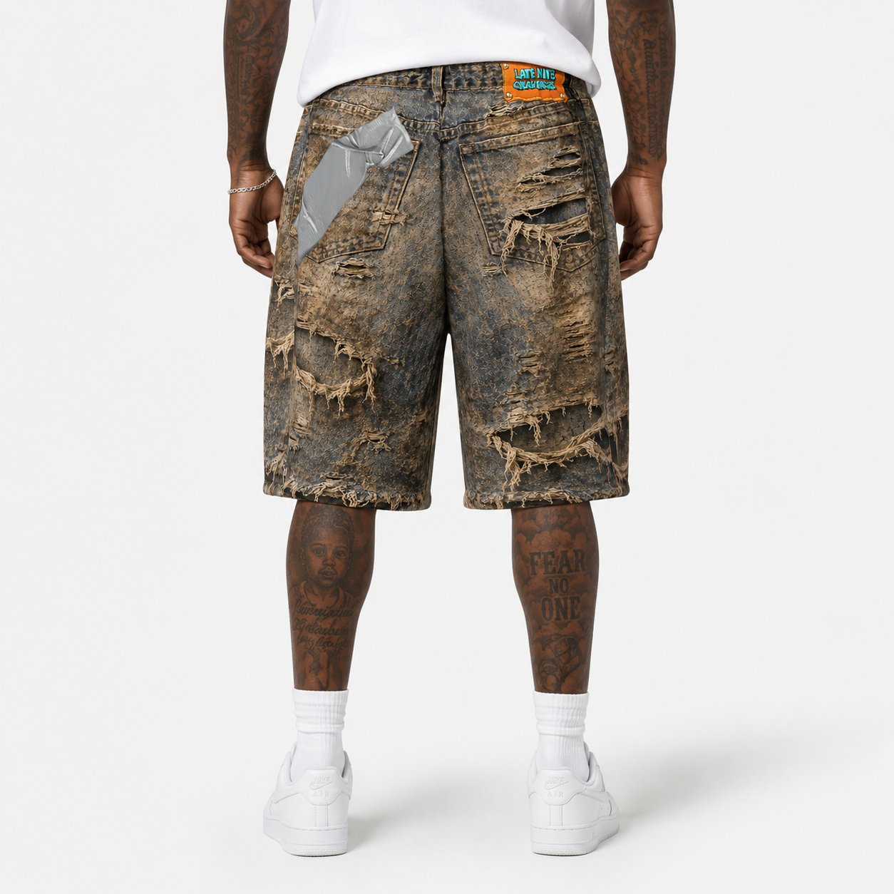 #L8NC - Mens Distressed Illusion Denim Shorts | Ripped, Layered Graphics, Streetwear Style