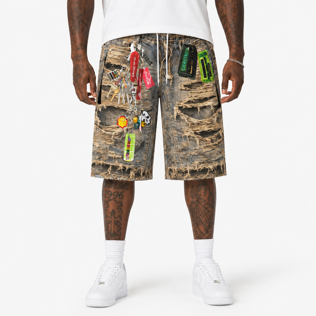#L8NC - Mens Distressed Illusion Denim Shorts | Ripped, Layered Graphics, Streetwear Style