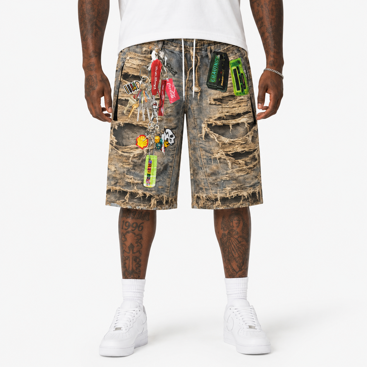 #L8NC - Mens Distressed Illusion Denim Shorts | Ripped, Layered Graphics, Streetwear Style