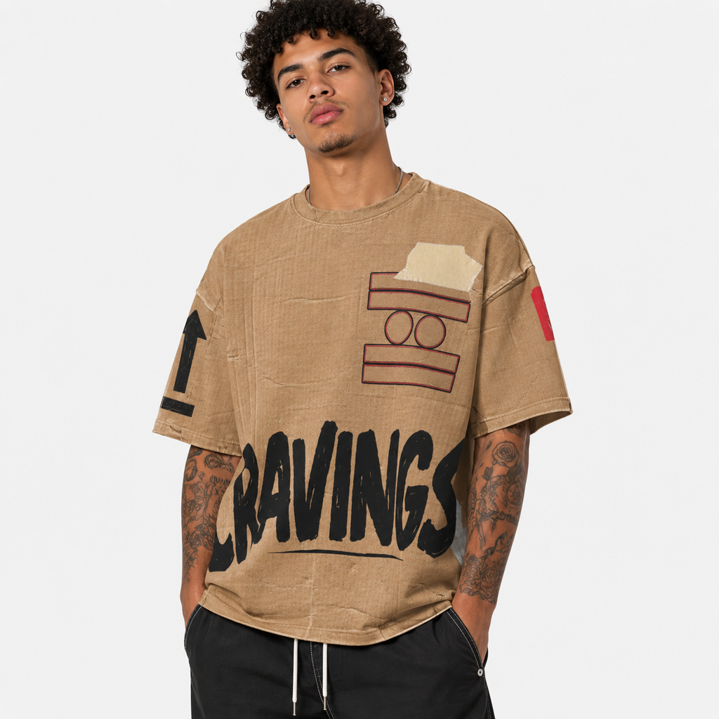 #L8NC - Fragile Cravings Drop Shoulder T-Shirt | Men’s Oversized Tan Streetwear Tee