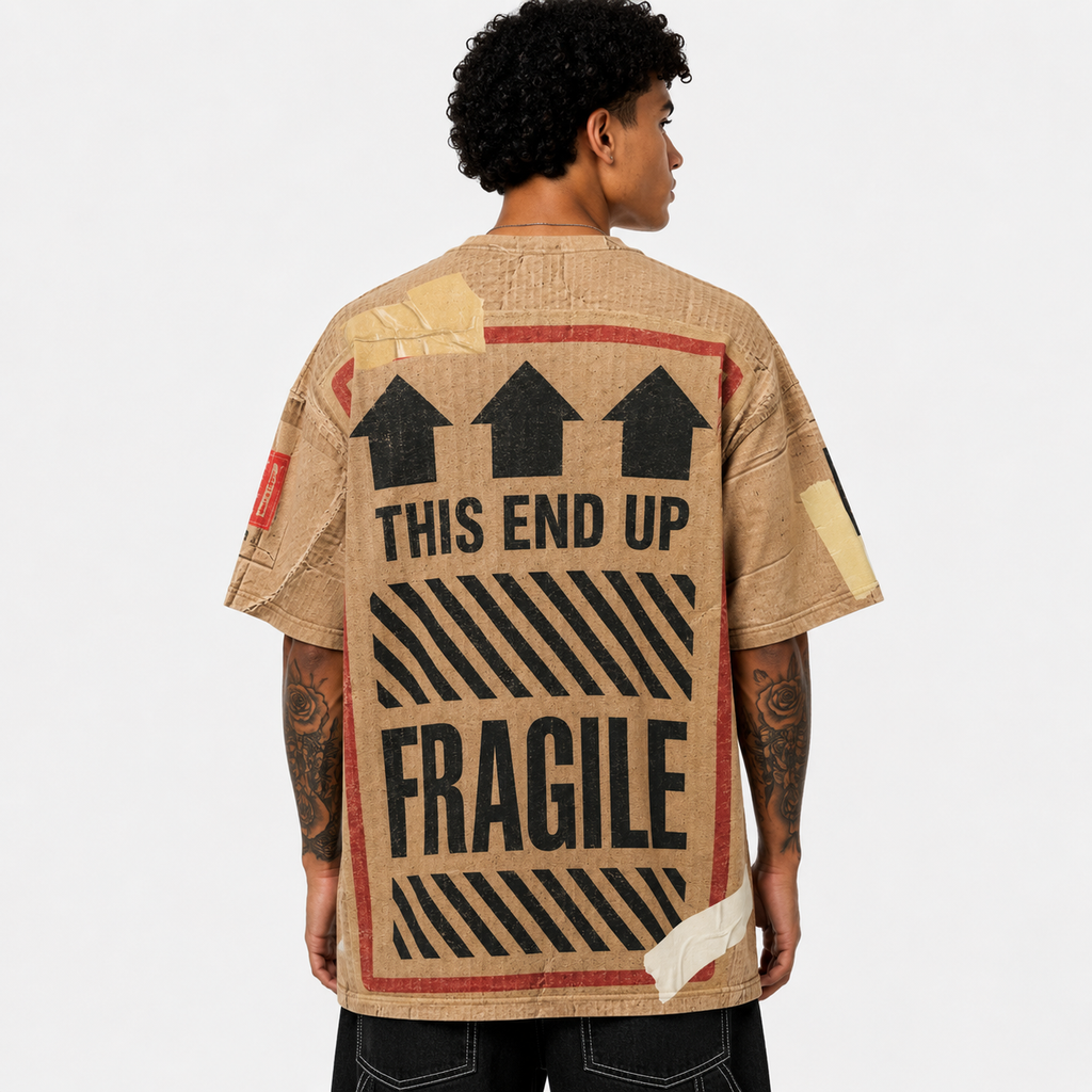 #L8NC - Fragile Cravings Drop Shoulder T-Shirt | Men’s Oversized Tan Streetwear Tee