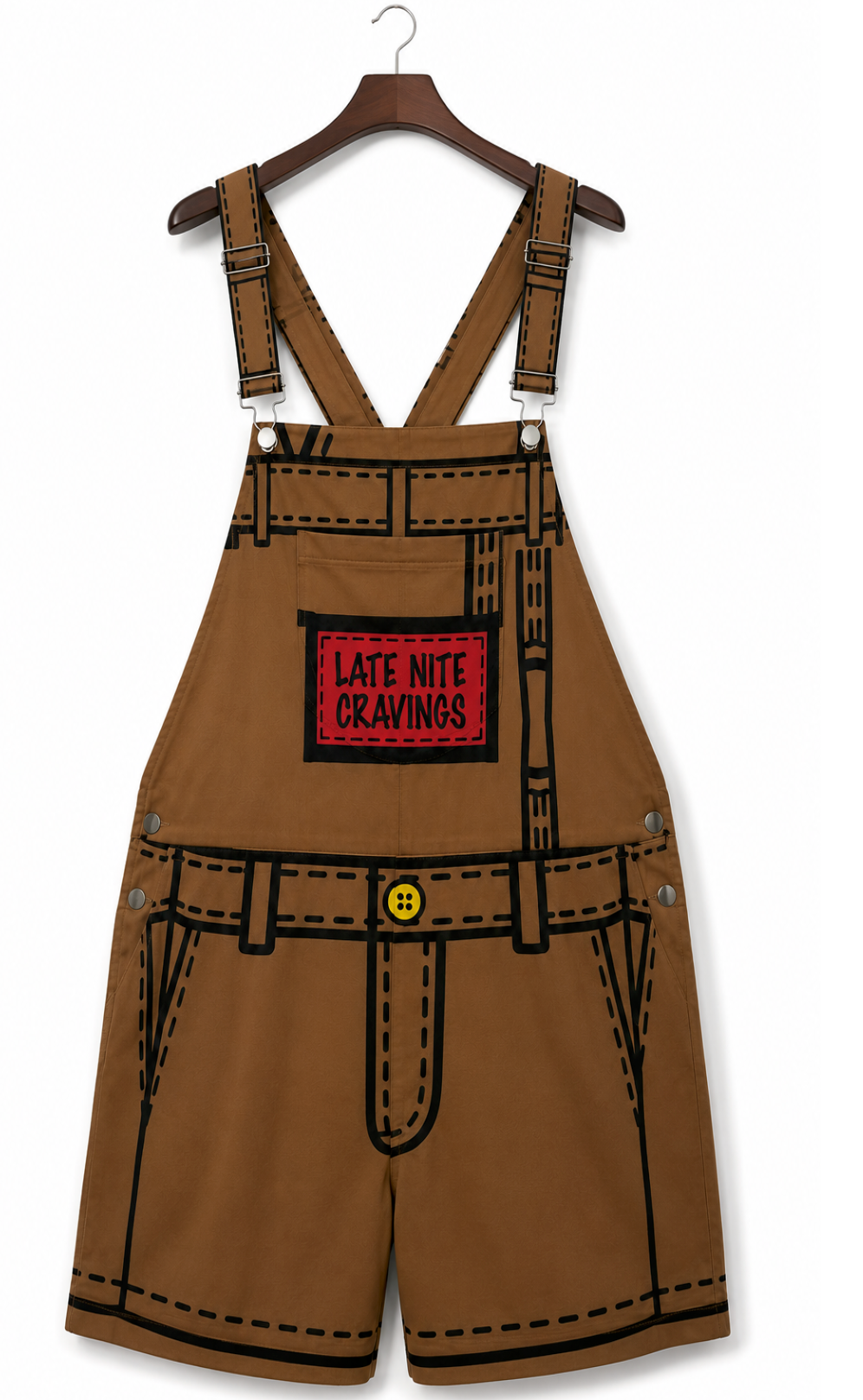 #L8NC - Men's Oversized Baggy Streetwear Overall Shorts | Brown Paper Bag Graphic | Stretch Twill Denim Overalls