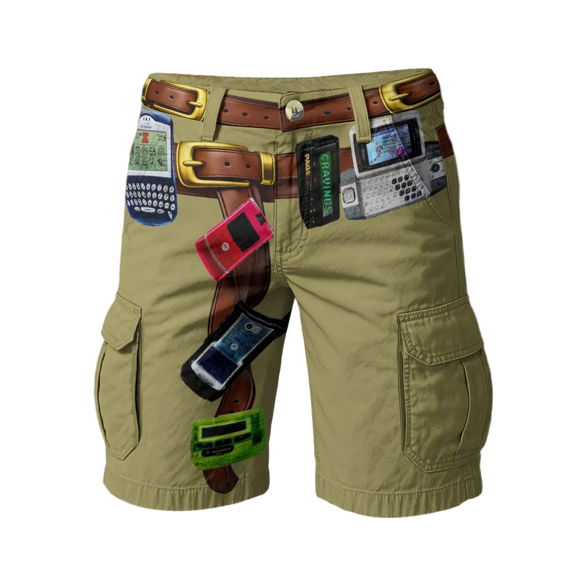 #L8NC - Tech Y2k Mens Cargo Shorts Tan | Retro Graphic Tan Shorts