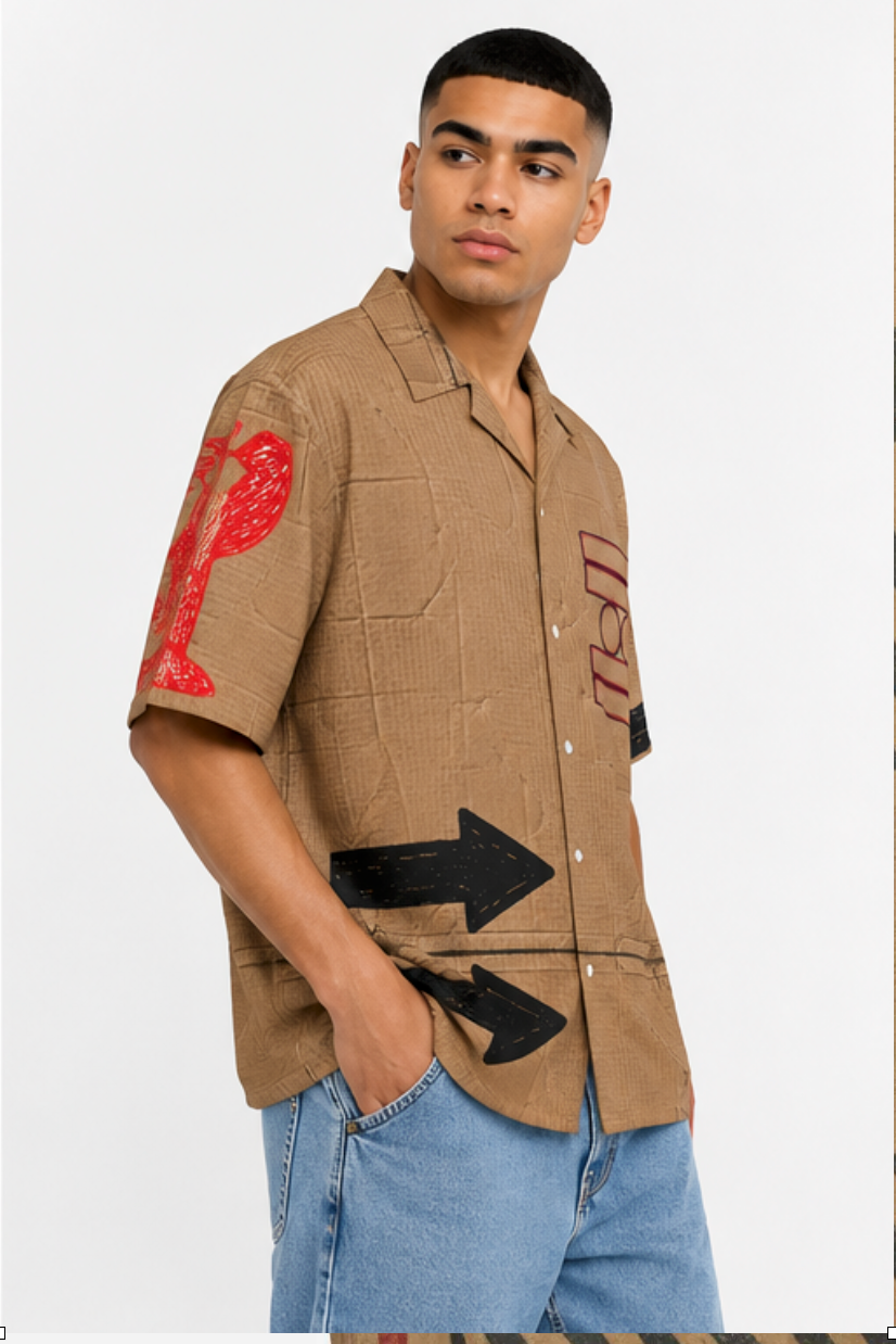 #L8NC - Men's Cardboard Box Shirt | Short Sleeve Button Up Shirt | Tan Designer Streetwear Summer Top