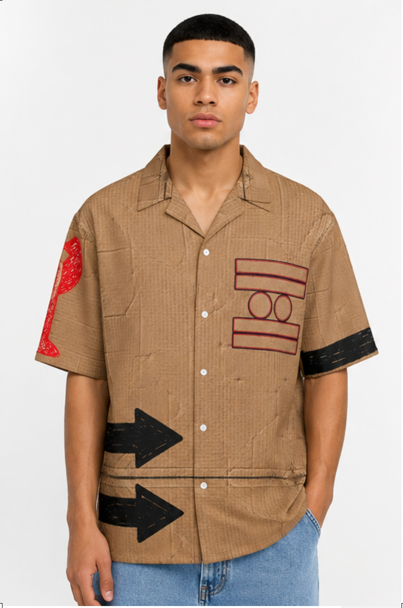#L8NC - Men's Cardboard Box Shirt | Short Sleeve Button Up Shirt | Tan Designer Streetwear Summer Top