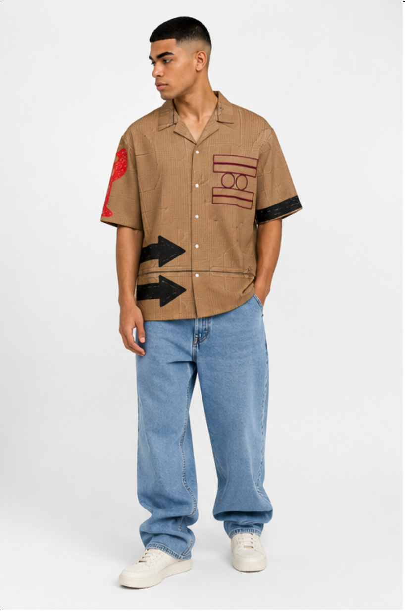 #L8NC - Men's Cardboard Box Shirt | Short Sleeve Button Up Shirt | Tan Designer Streetwear Summer Top