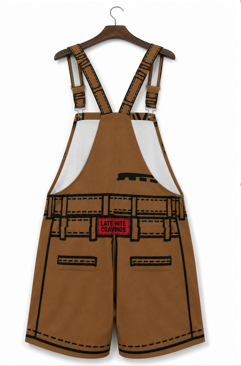 #L8NC - Men's Oversized Baggy Streetwear Overall Shorts | Brown Paper Bag Graphic | Stretch Twill Denim Overalls