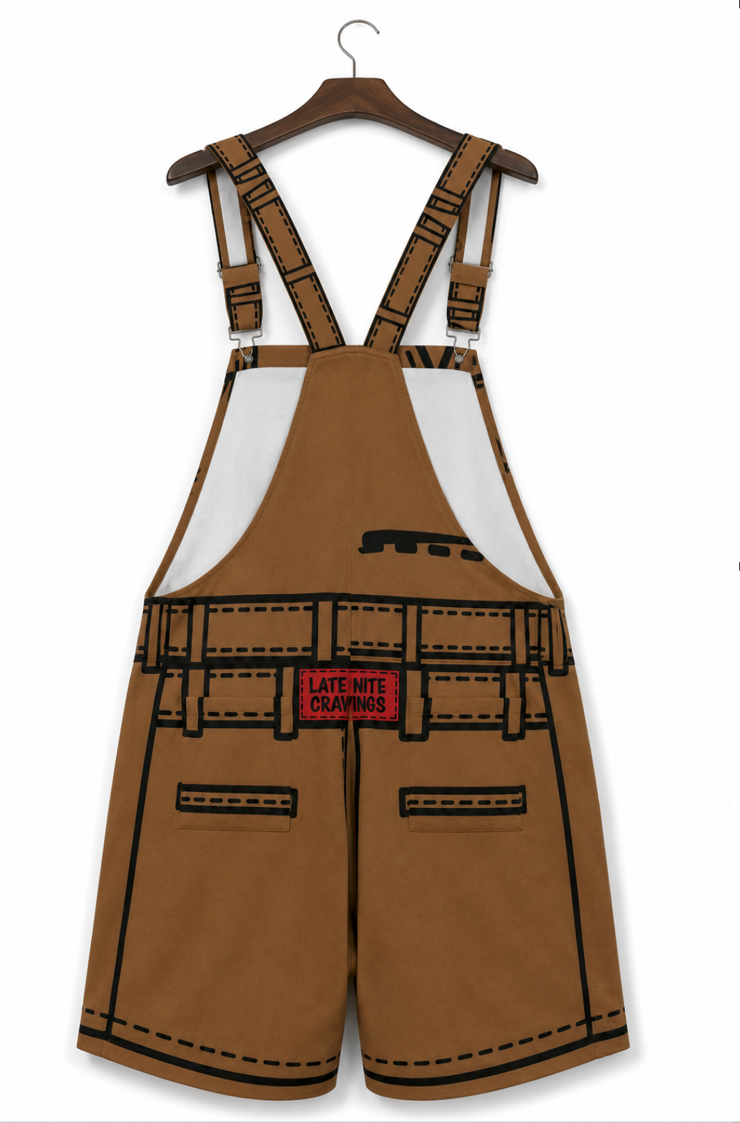 #L8NC - Men's Oversized Baggy Streetwear Overall Shorts | Brown Paper Bag Graphic | Stretch Twill Denim Overalls
