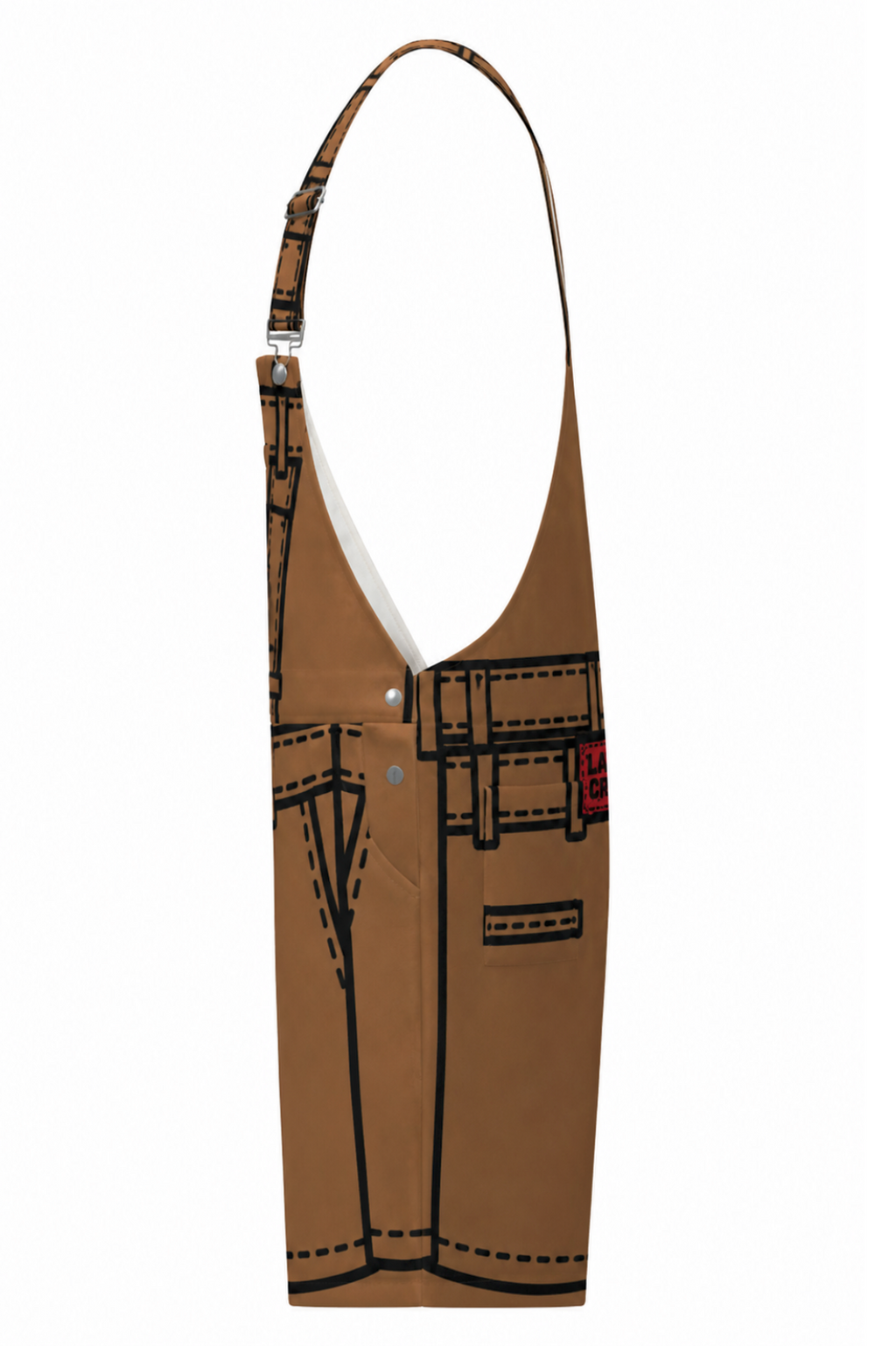 #L8NC - Men's Oversized Baggy Streetwear Overall Shorts | Brown Paper Bag Graphic | Stretch Twill Denim Overalls