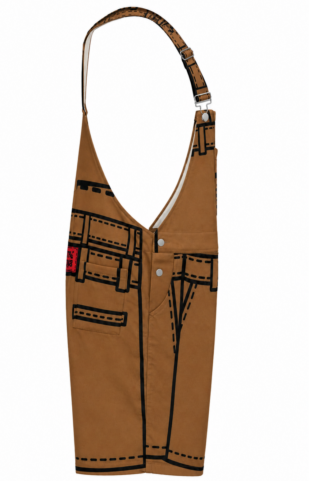 #L8NC - Men's Oversized Baggy Streetwear Overall Shorts | Brown Paper Bag Graphic | Stretch Twill Denim Overalls